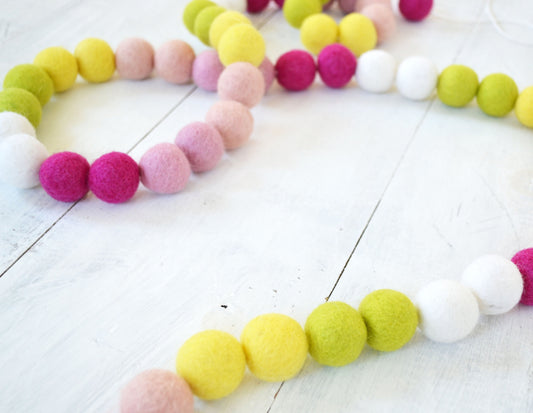 Felt Ball Garland - Pink, Yellow, Grean and White Ombre