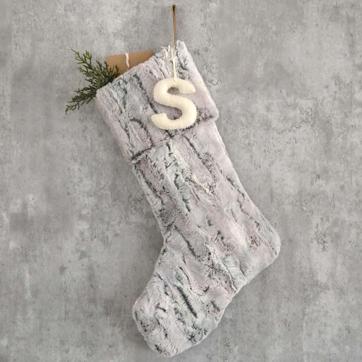 Gray Faux Fur Christmas Stocking with Personalized Felt Letter