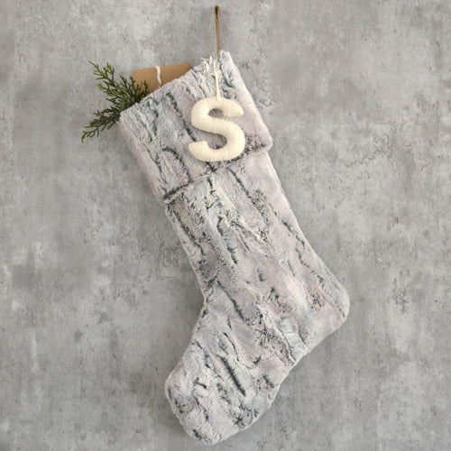 Gray Faux Fur Christmas Stocking with Personalized Felt Letter | Cozy Fur Stocking for Him | Personalized Rustic Family Christmas Stocking