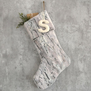 Gray Faux Fur Christmas Stocking with Personalized Felt Letter | Cozy Fur Stocking for Him | Personalized Rustic Family Christmas Stocking