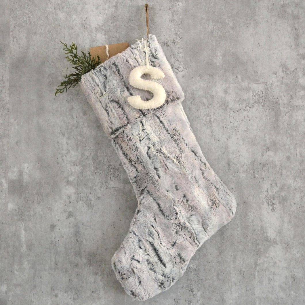 Gray Faux Fur Christmas Stocking with Personalized Felt Letter | Cozy Fur Stocking for Him | Personalized Rustic Family Christmas Stocking