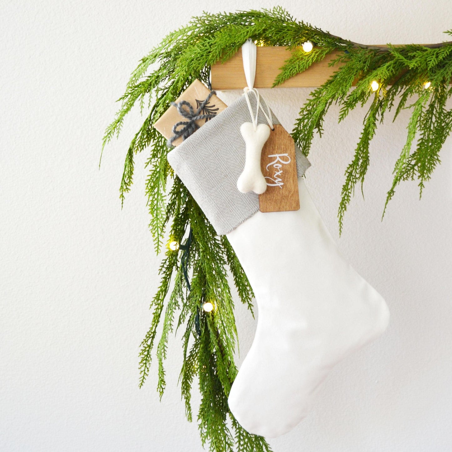 Personalized Christmas Stocking | Light Gray & White Herringbone Velvet Stocking | Family Stockings | Holiday Decor | Velvet Stocking