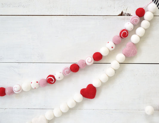 Valentine's Felt Garland - Choice of Colorful Felt Ball Garland or Pink, Red and White Heart Garland
