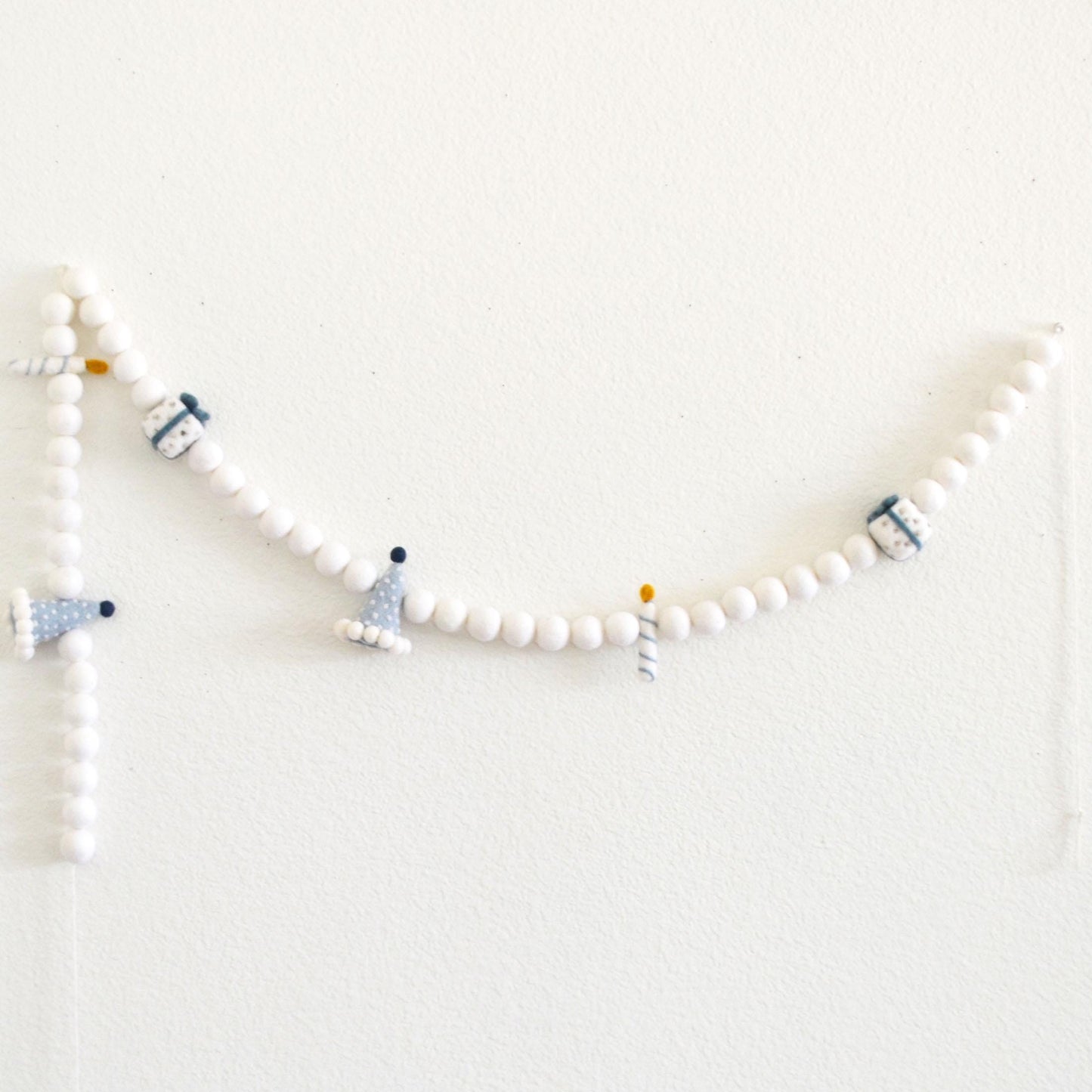Blue Party Hat, Gift and Candle Felt Garland with White Felt Balls