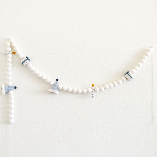 Blue Party Hat, Gift and Candle Felt Garland with White Felt Balls