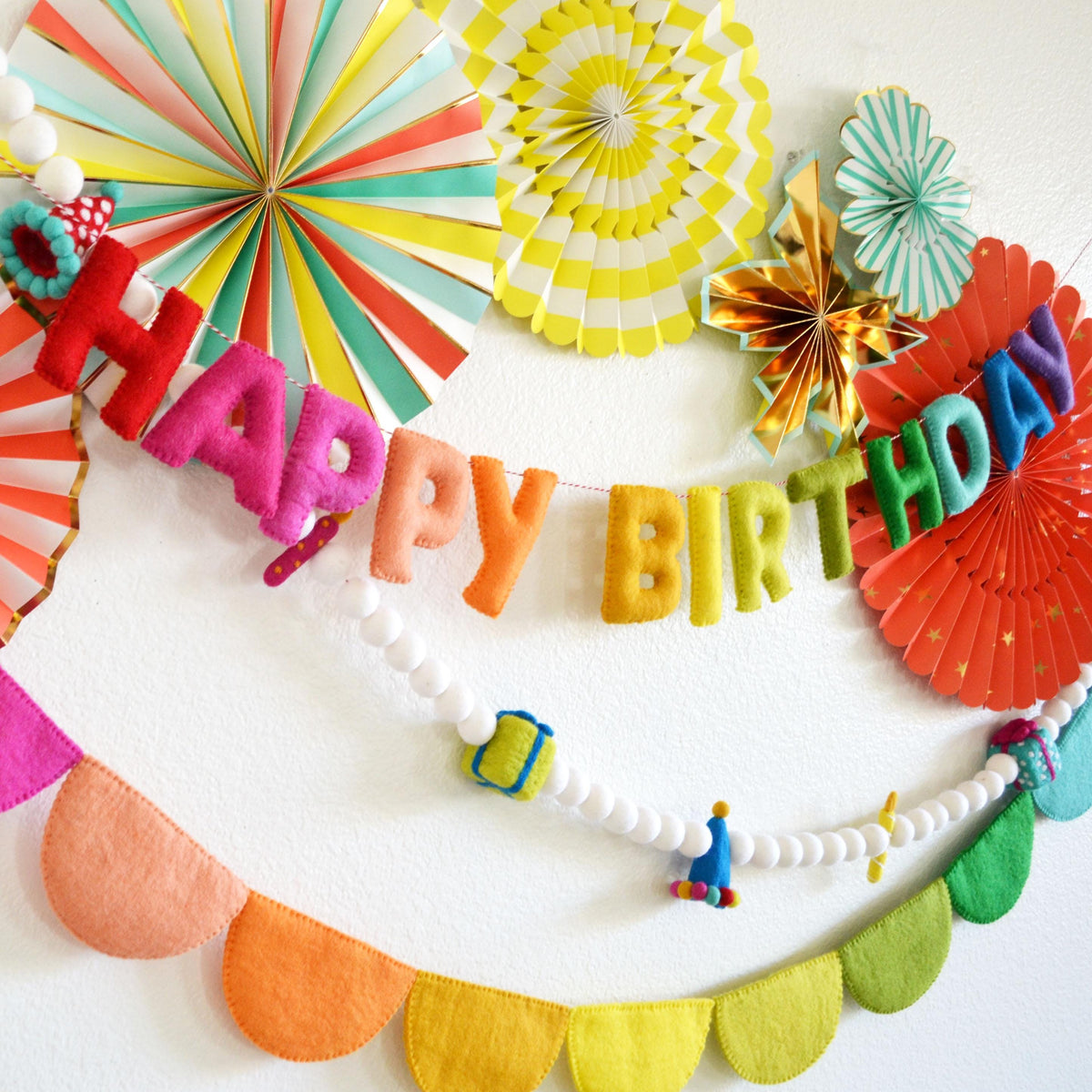 Happy Birthday Banner or Hat, Gift & Candle Felt Ball Garland or Rainbow Felt Scallop Banner