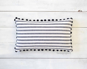 Black and White Striped Pillow Cover with Large Black Pom Poms - 12" x 20" - Pom Pom Pillow Cover, Decorative Pillow, Black Pom Pillow