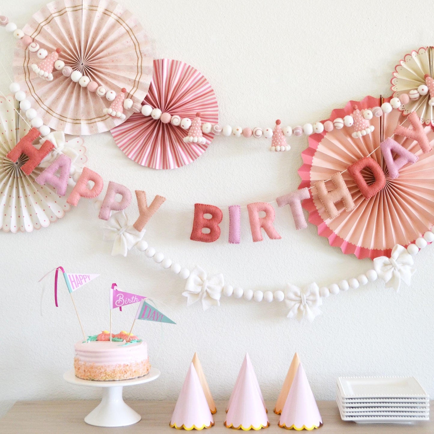 Pink Party Hat Felt Garland or Pink Ombré Felt Banner or White Bow Felt Ball Garland