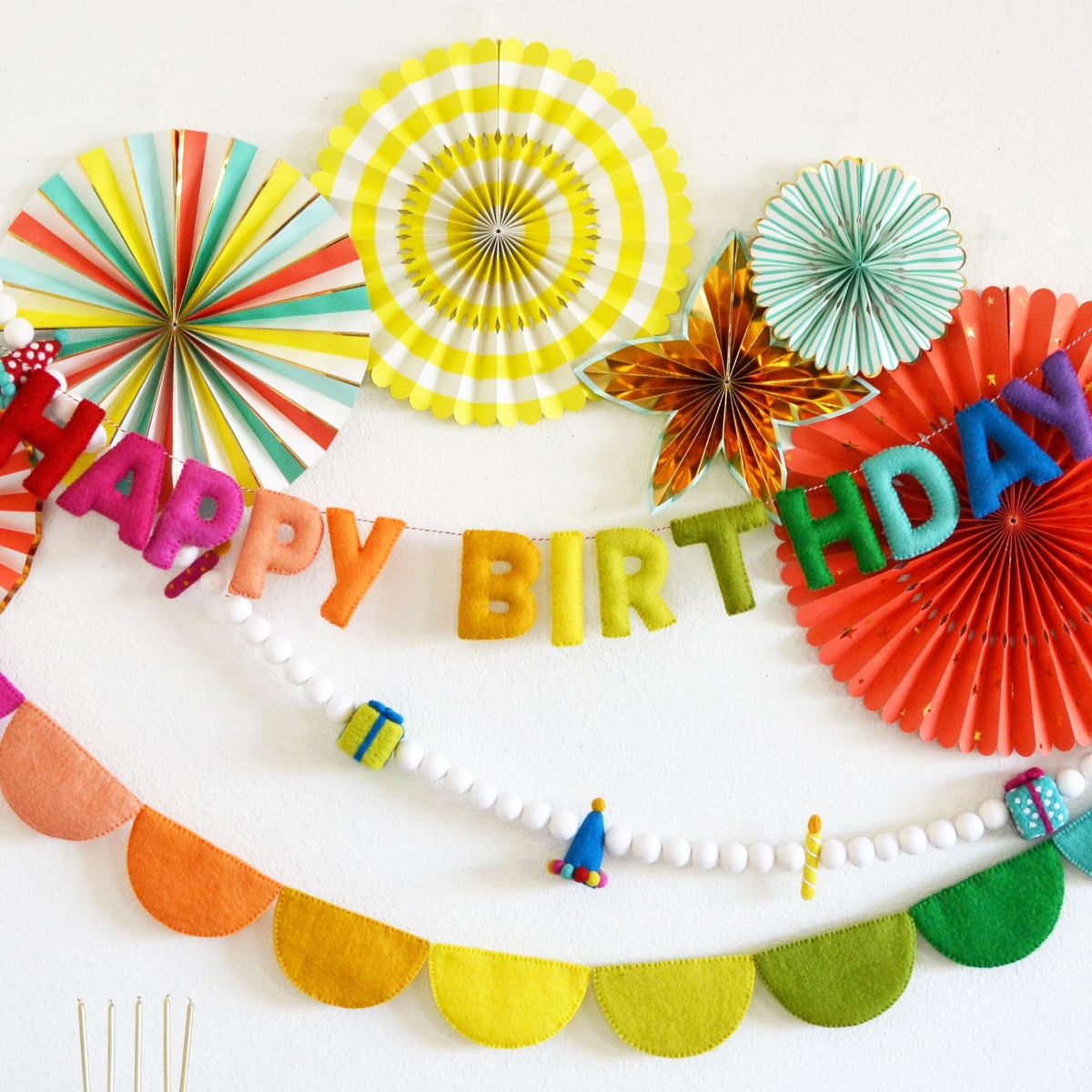 Happy Birthday Banner or Hat, Gift & Candle Felt Ball Garland or Rainbow Felt Scallop Banner