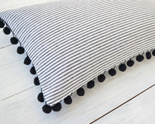 Striped Pillow Cover with Pom Pom Trim- Black and White Pinstripe Pillow Cover- 12" x 20" - Farmhouse Pillow, Pom Pom Pillow, Stripe Pillow