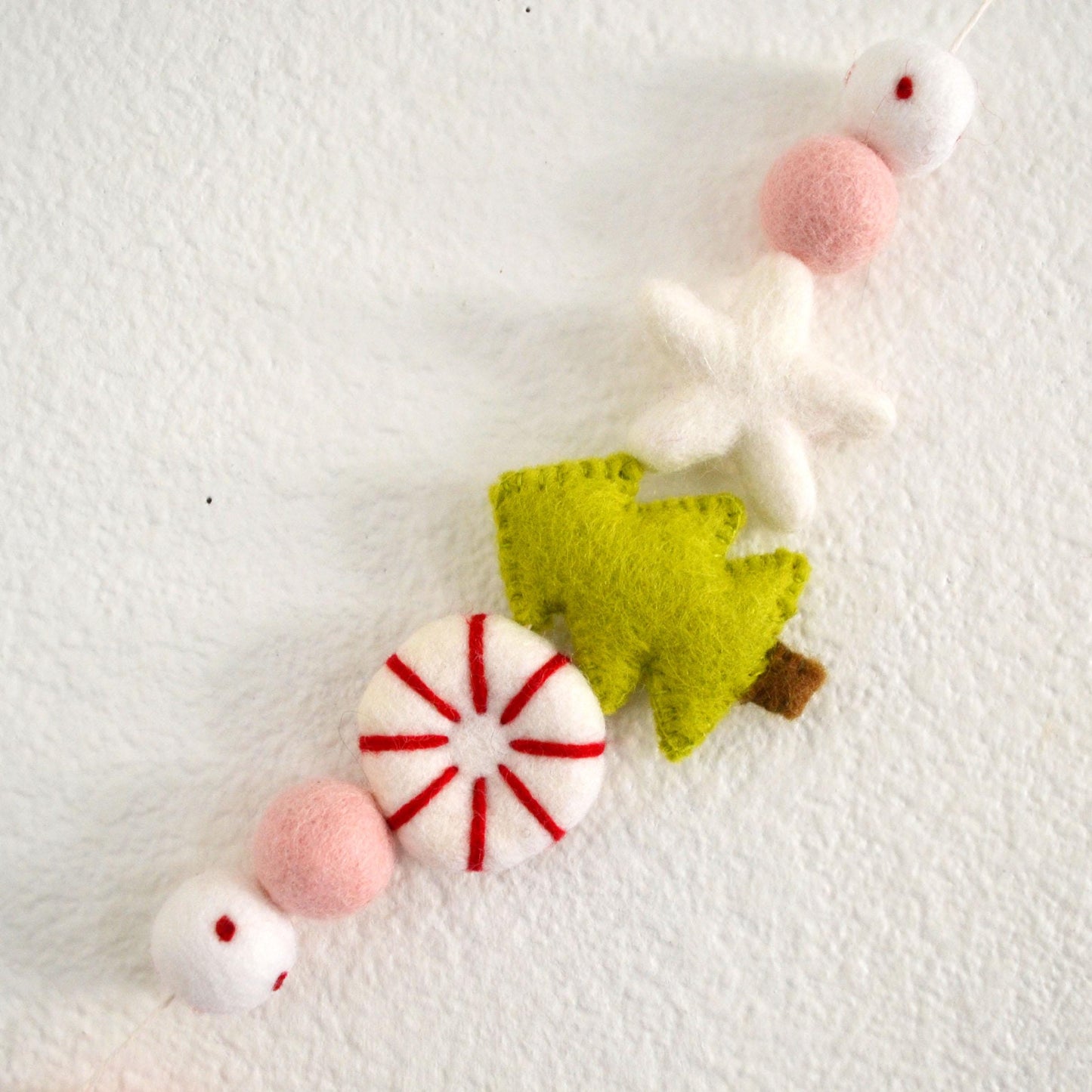 Merry Christmas Felt Banner with Wool Christmas Tree, Peppermint and Star
