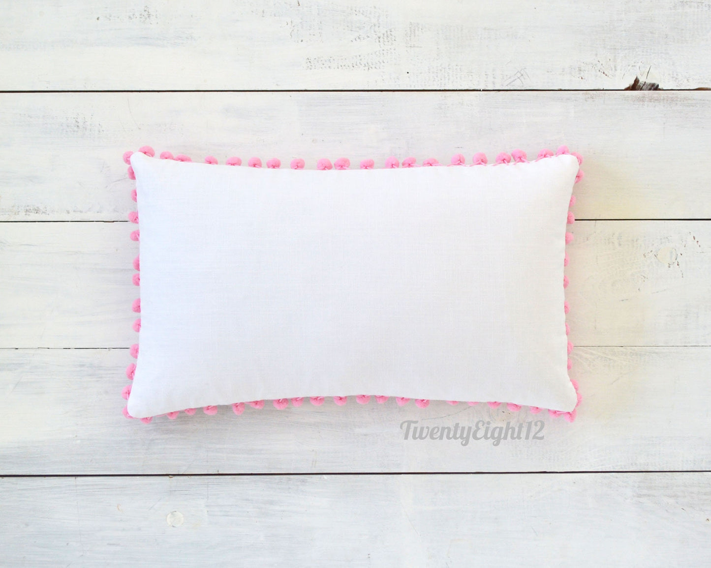Pom Pom Lumbar Pillow Cover - White Cotton & Pink Pom Poms - 12" x 20" - Decorative Pillow, Throw Pillow, Pom Pom Pillow Cover, White Pillow