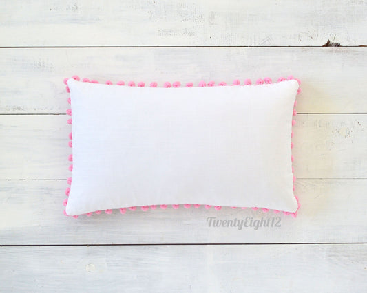 Pom Pom Lumbar Pillow Cover - White Cotton & Pink Pom Poms - 12" x 20" - Decorative Pillow, Throw Pillow, Pom Pom Pillow Cover, White Pillow