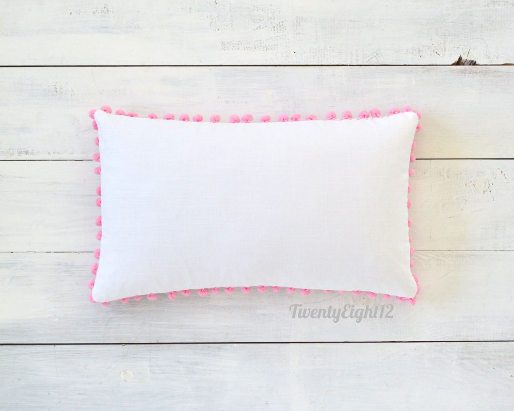 Pom Pom Lumbar Pillow Cover - White Cotton & Pink Pom Poms - 12