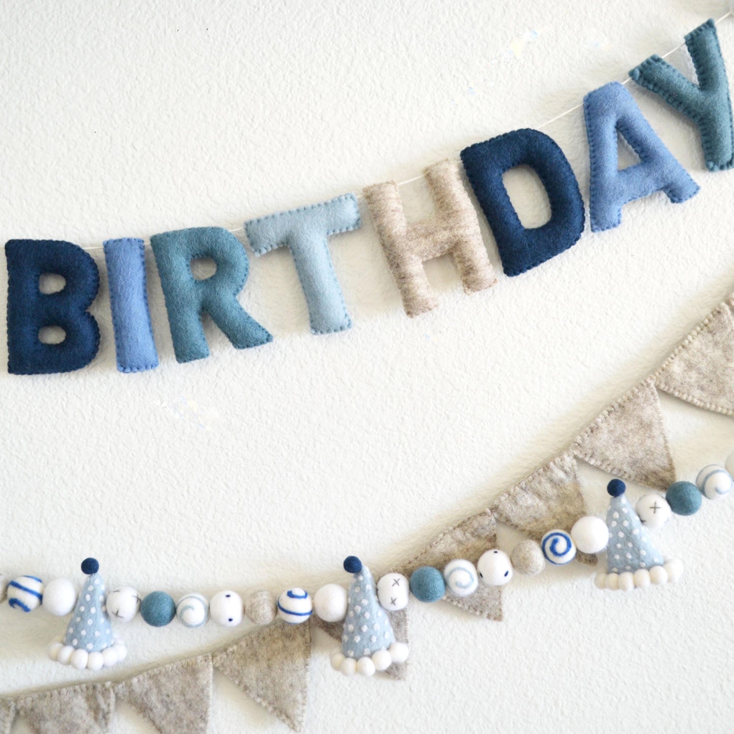 Blue Ombré Felt Happy Birthday Banner or Blue Party Hat Felt Ball Garland or Tan Pennant Banner