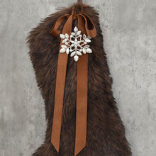 Chocolate Brown Faux Fur Christmas Stocking with Leaf Gem and Velvet Bow | Family Christmas Stockings | Moody Fur Stockings | Rustic Decor