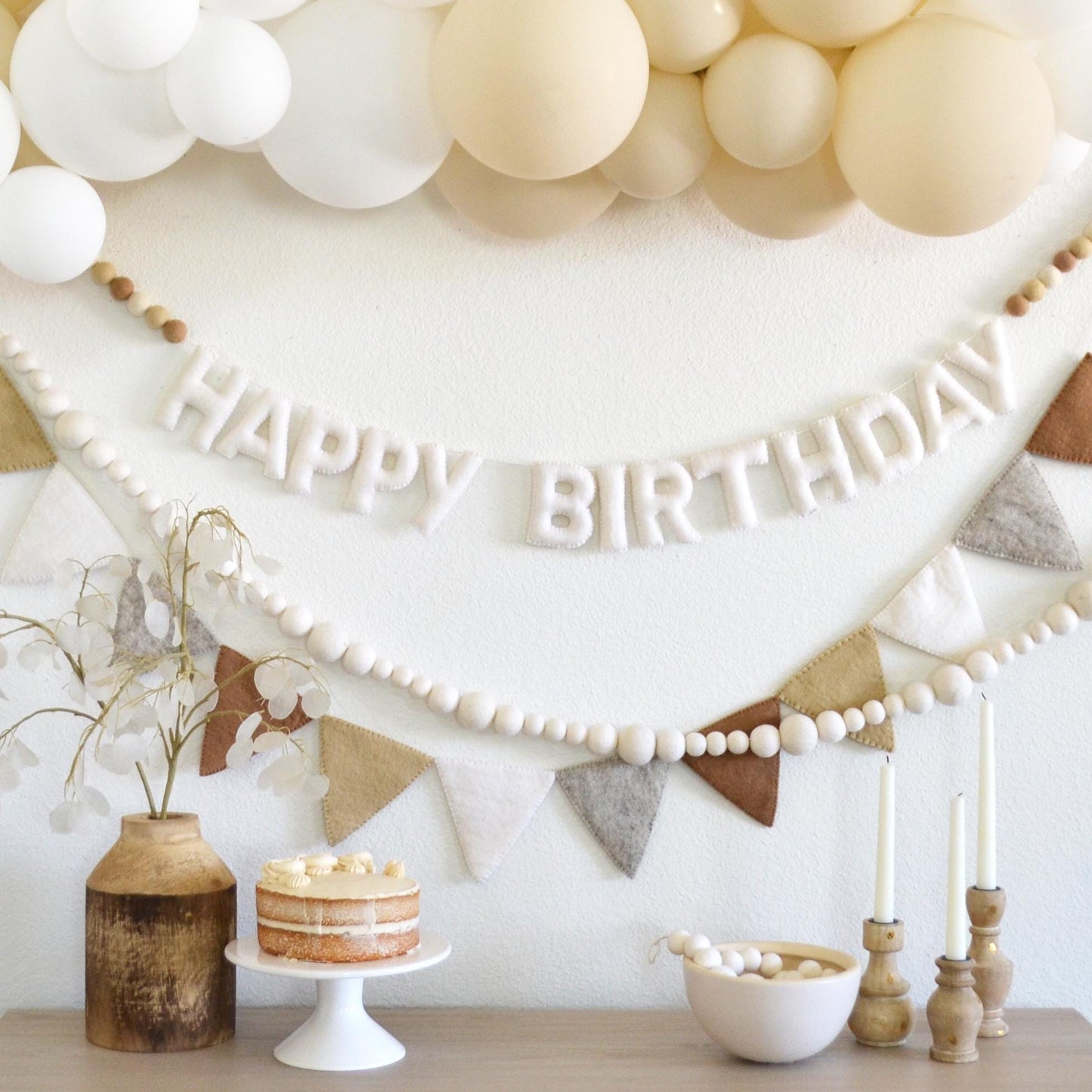 White Happy Birthday Felt Banner or Boho Felt Garland or Neutral Felt Flag Banner