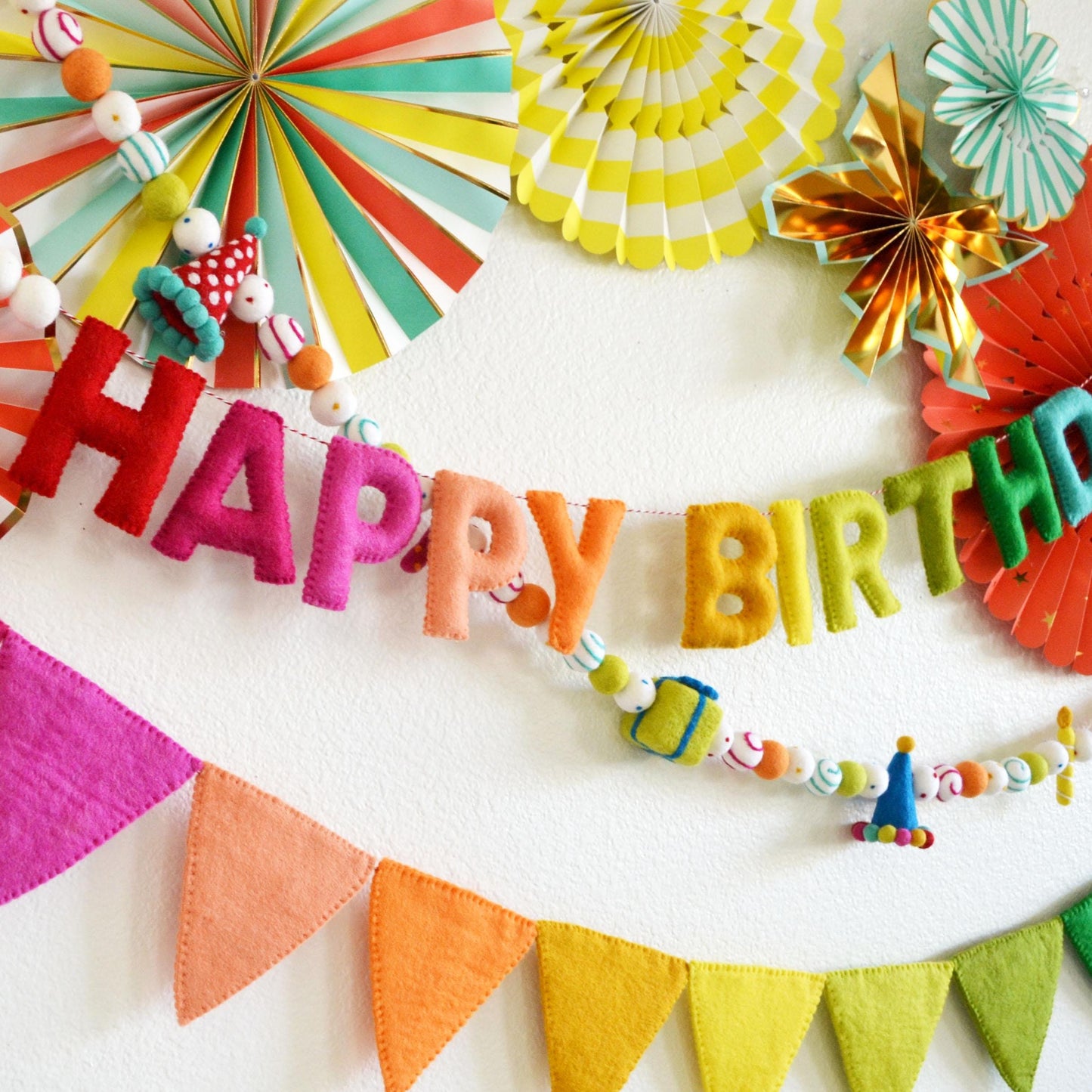 Reusable Happy Birthday Banner or Hat, Gift & Candle Felt Ball Garland or Rainbow Felt Pennants