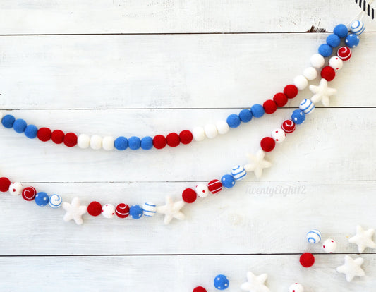 4h of July Felt Ball Garland - Choice of Red, White & Blue Ombre Felt Ball Garland or White Star Garland