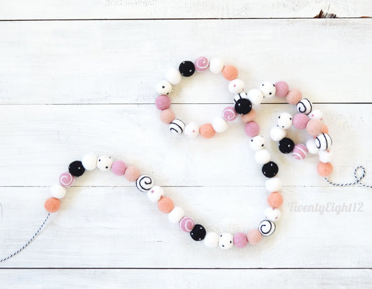 Halloween Felt Ball Garland - Pink, Black & White