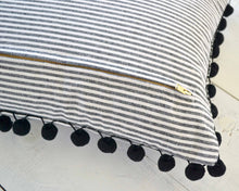 Striped Pillow Cover with Pom Pom Trim- Black and White Pinstripe Pillow Cover- 12" x 20" - Farmhouse Pillow, Pom Pom Pillow, Stripe Pillow