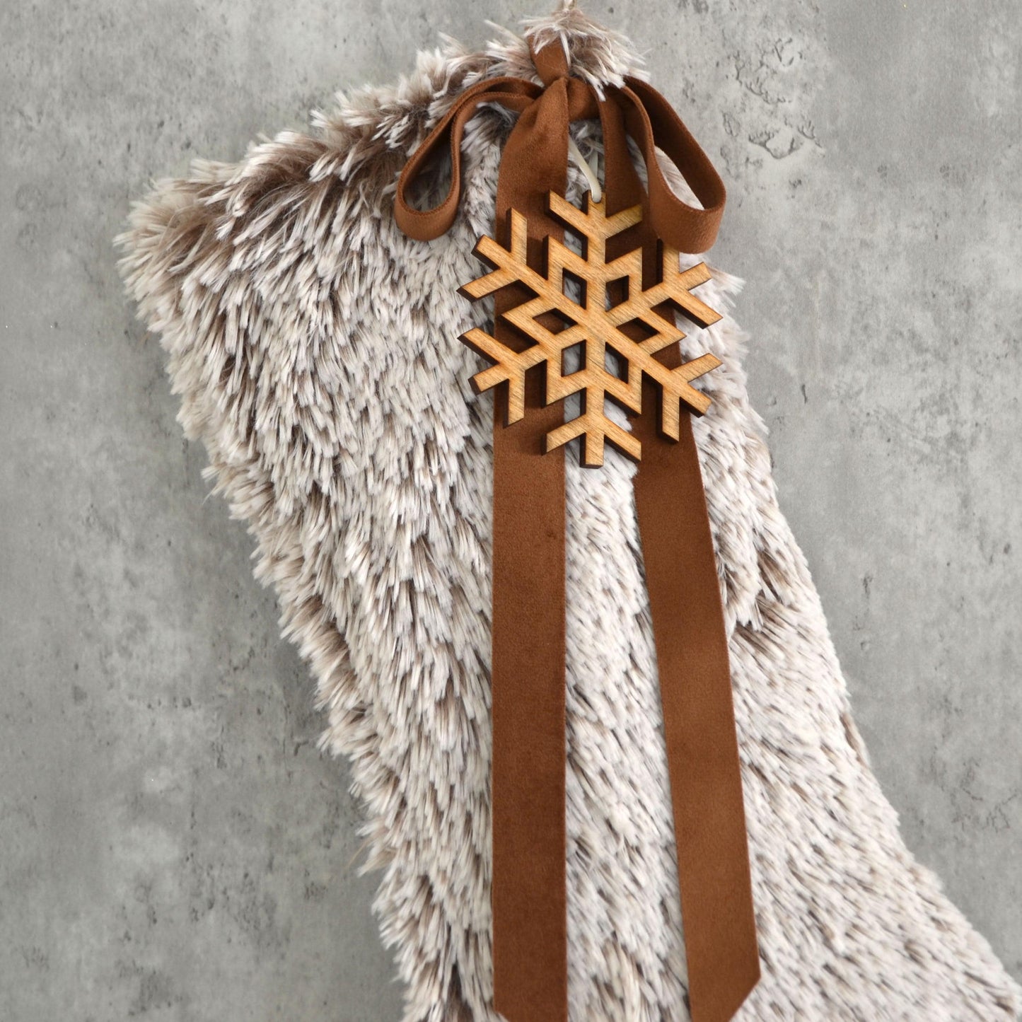 Shaggy Walnut Faux Fur Christmas Stocking with Fur Pom Poms and Wood Snowflake