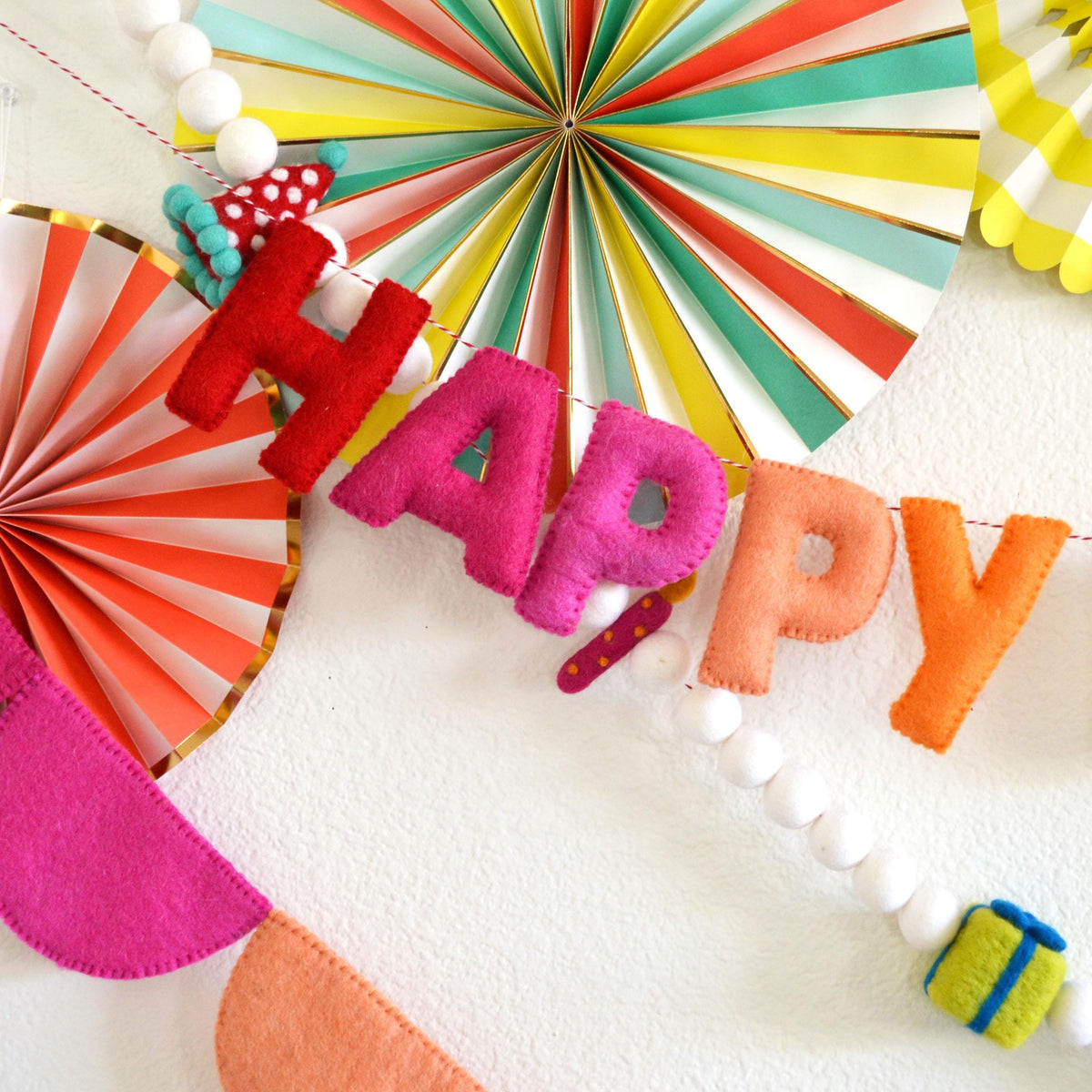 Happy Birthday Banner or Hat, Gift & Candle Felt Ball Garland or Rainbow Felt Scallop Banner