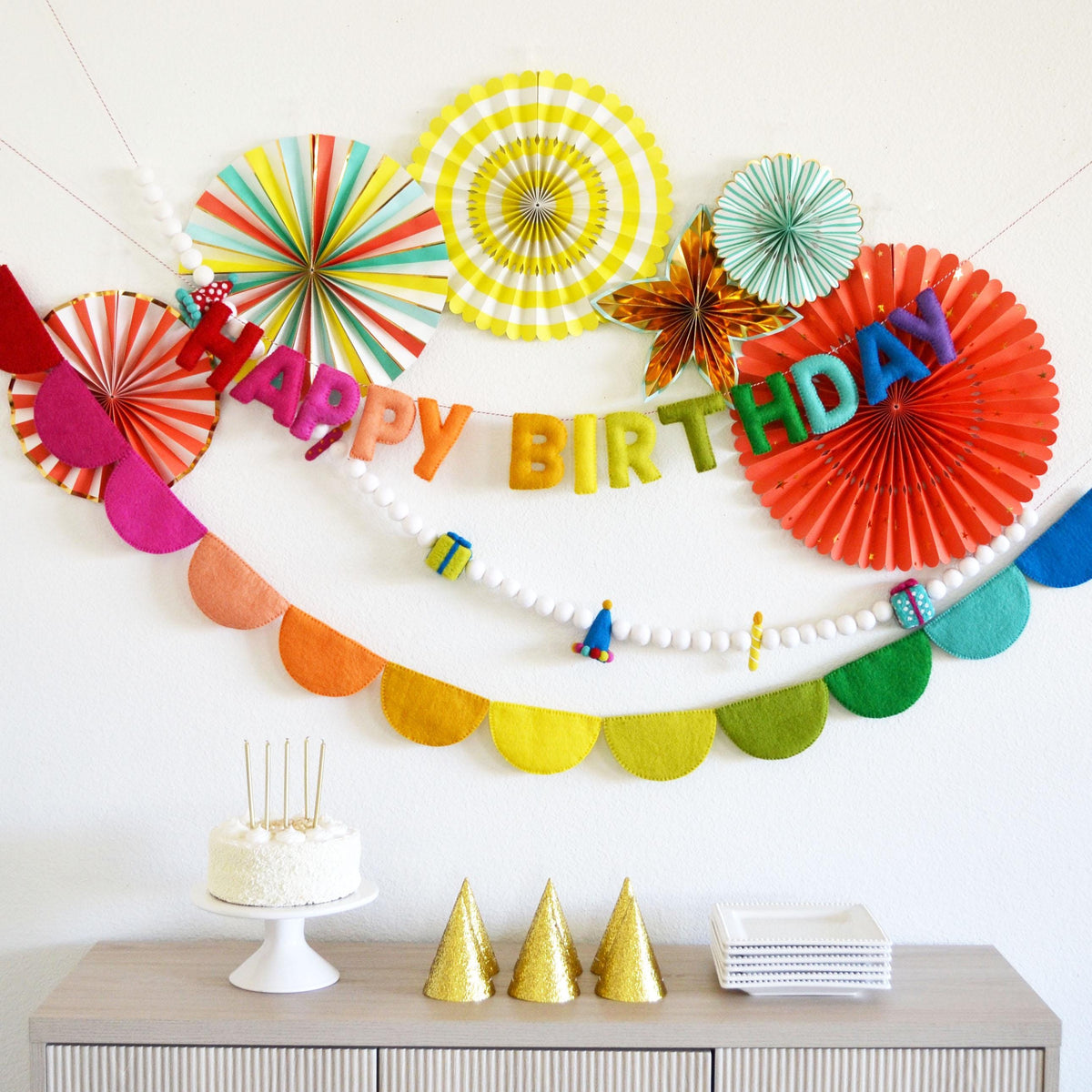 Happy Birthday Banner or Hat, Gift & Candle Felt Ball Garland or Rainbow Felt Scallop Banner