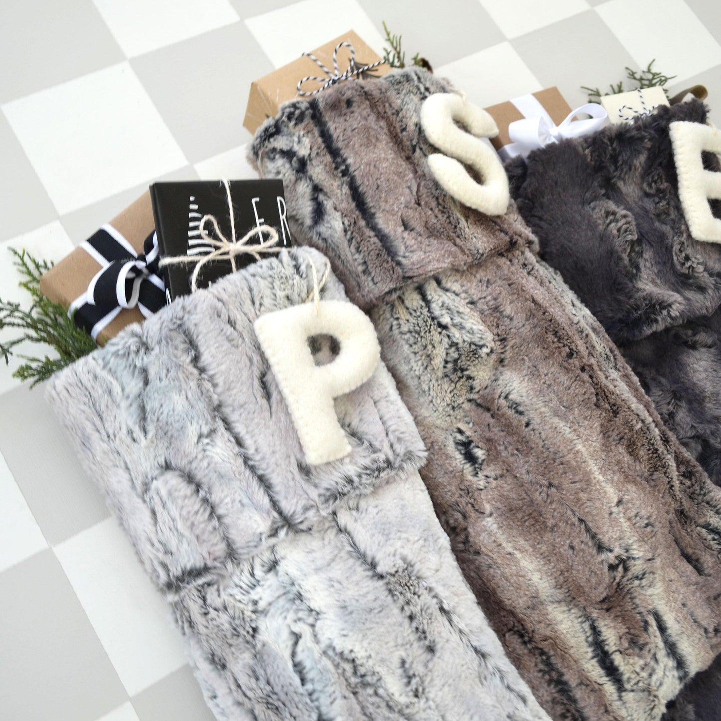 Faux Fur Christmas Stocking Personalized with Wool Letter