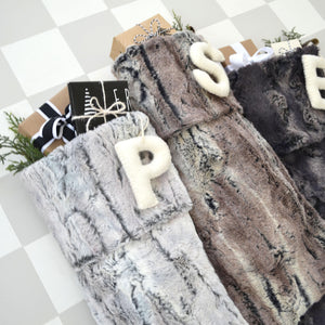 Fur Christmas Stocking - Faux Fur Stockings, Boho Stockings, Fur Stocking, Gray Stocking, Farmhouse Personalized Christmas Stockings