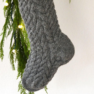 Cable Hand Knit Wool Christmas Stocking with Wool Tassel & Felt Letter | Cable Knit Gray Christmas Stocking | Knit Christmas Heirloom