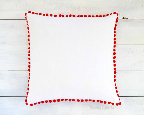 White and Red Pom Pom Pillow Cover - 20 Inch Pillow Cover - Kids Room Decor, Kids Pillow, Christmas Pillow, Red Pillow, Pom Pom Pillow
