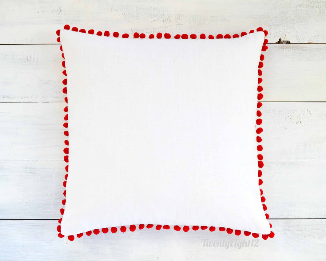 White and Red Pom Pom Pillow Cover - 20 Inch Pillow Cover - Kids Room Decor, Kids Pillow, Christmas Pillow, Red Pillow, Pom Pom Pillow