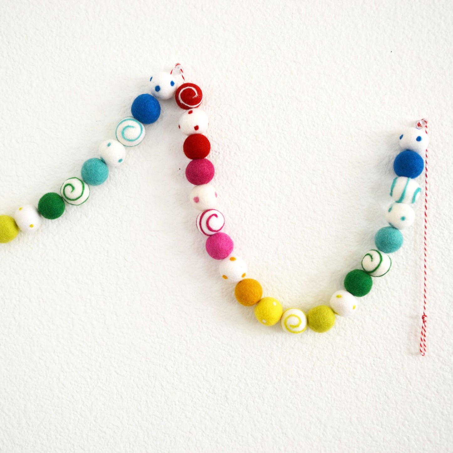 Rainbow Ombré Felt Ball Garland with Colorful Dots and Swirls
