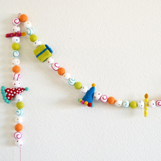 Rainbow Birthday Party Hat, Gift & Candle Felt Ball Garland