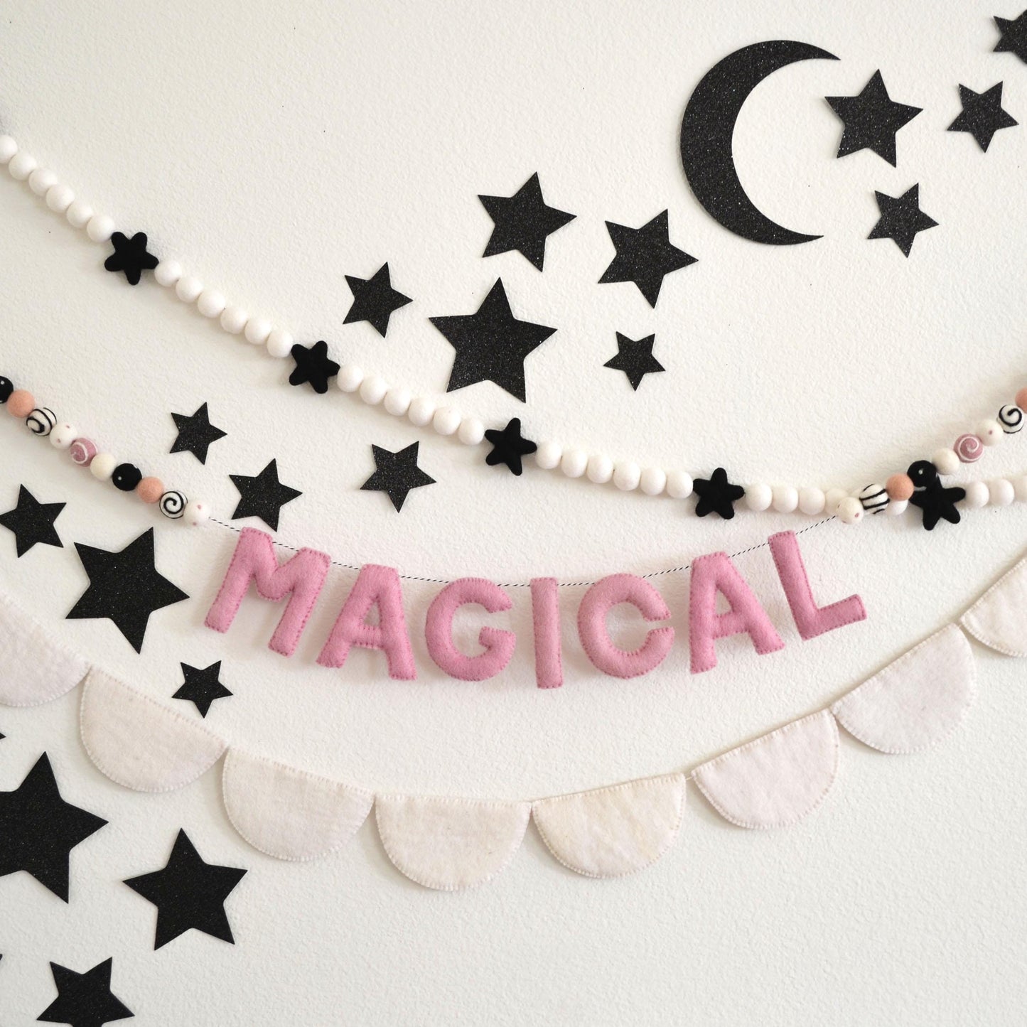 Halloween Felt Ball Garland - Choice of Black Star Felt Garland, MAGICAL Banner or White Felt Scallop Banner