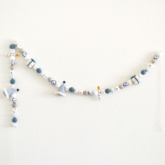 Blue Birthday Party Hat, Gift & Candle Felt Ball Garland