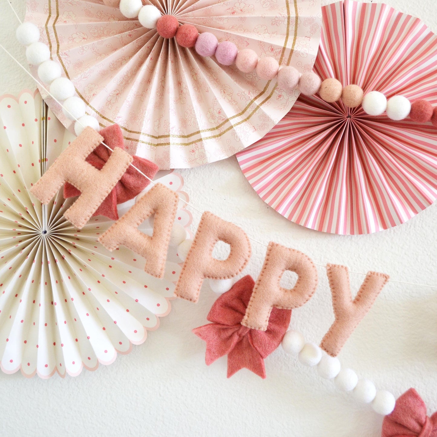 Pink Ombré Felt Ball Garland or Blush Pink Happy Birthday Banner or Rose Pink Felt Bows Garland