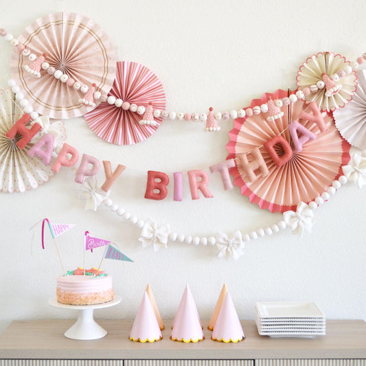 Pink Birthday Party Felt Garland, Happy Birthday Banner or White Bow Felt Ball Garland