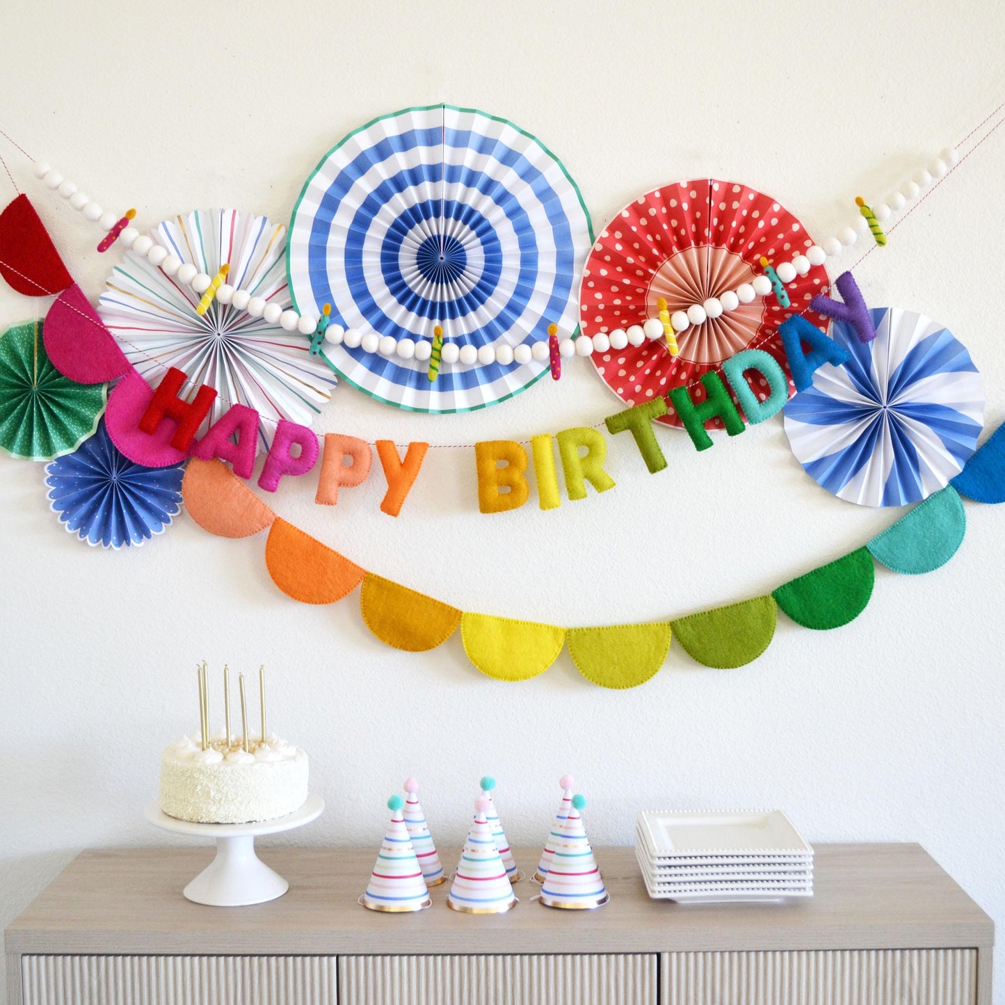 Happy Birthday Rainbow Felt Banner, Party Hat Felt Garland, Ombre Rainbow Felt Ball Garland Decoration, Paper Pinwheel Fans