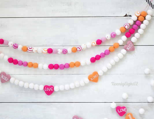 Heart Felt Ball Garland - Valentines Day Felt Garland, Felt Ball Garland, Conversation Heart Garland, Valentines Day Felt Ball Garland
