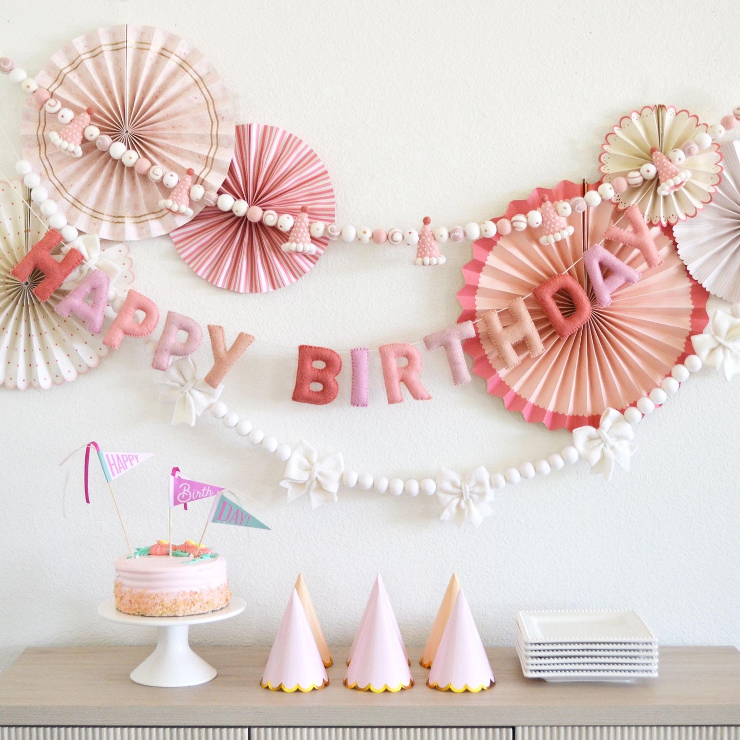 Pink Party Hat Felt Garland or Pink Ombré Felt Banner or White Bow Felt Ball Garland
