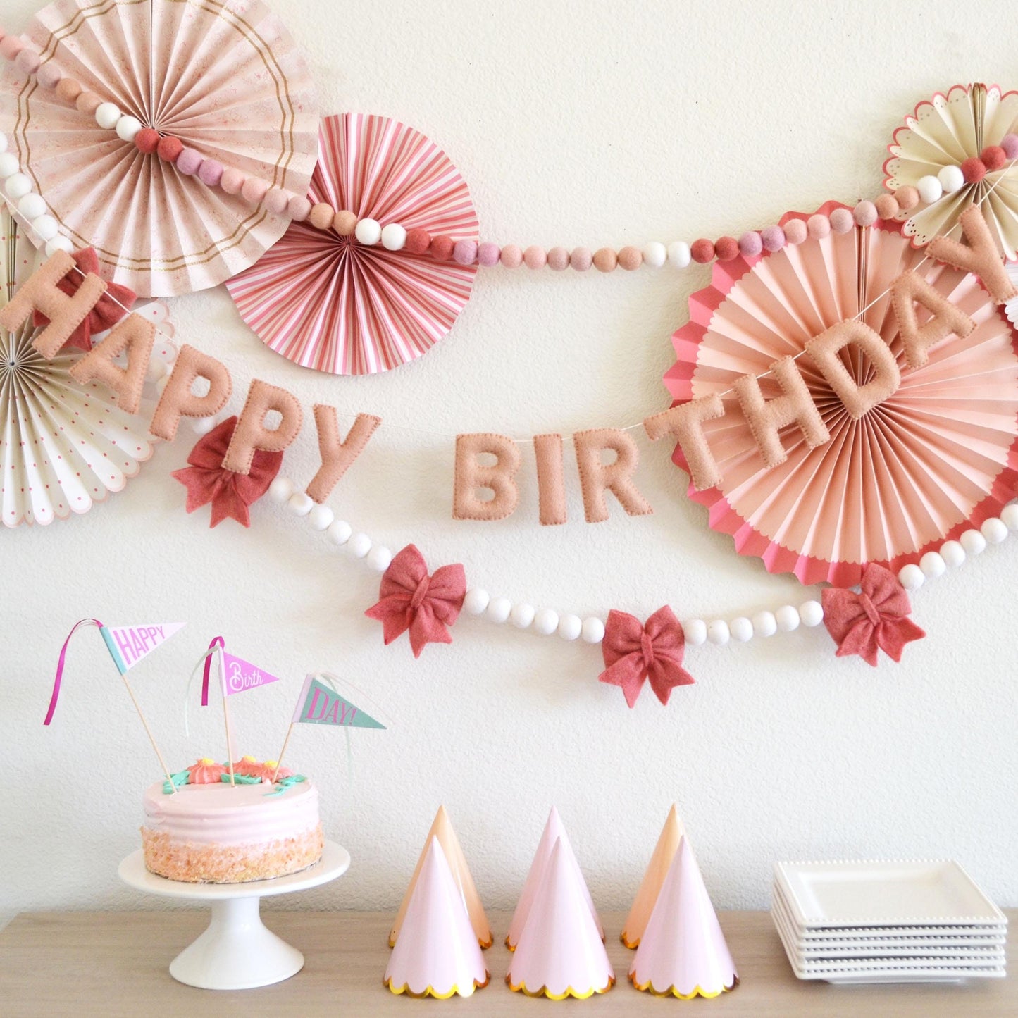 Pink Ombré Felt Ball Garland or Blush Pink Happy Birthday Banner or Rose Pink Felt Bows Garland