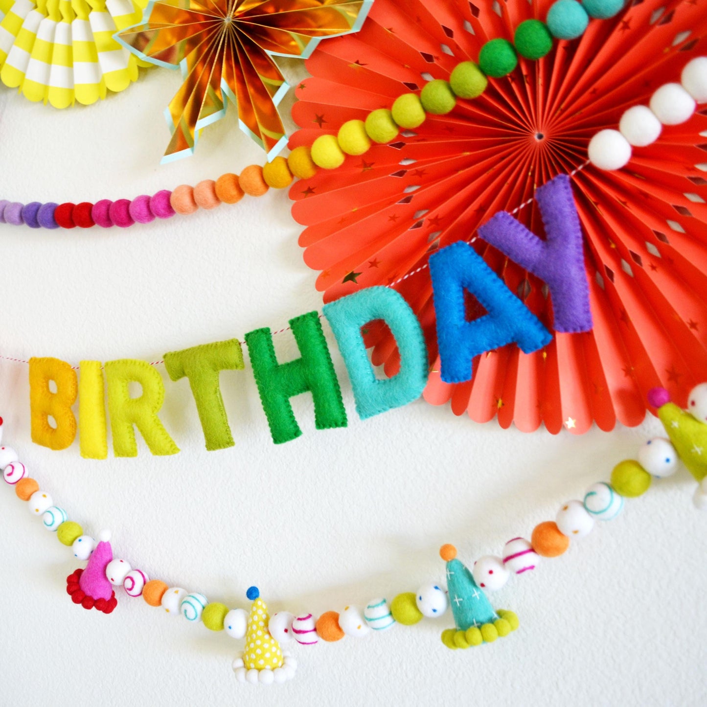 Rainbow Ombré Felt Ball Garland or Happy Birthday Banner or Party Hat Felt Ball Garland