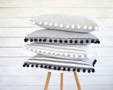 Gray and White Pinstripe Pillow Cover with Large White Pom Pom Trim
