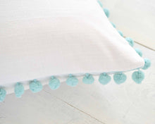 Personalized Embroidered Pillow Cover with Aqua Pom Pom Trim