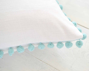 Personalized Embroidered Pillow Cover with Aqua Pom Pom Trim
