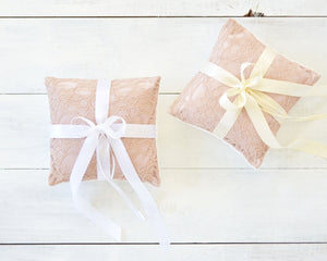 Ring Bearer Pillow & Flower Girl Basket - Blush Lace with Ivory Bow