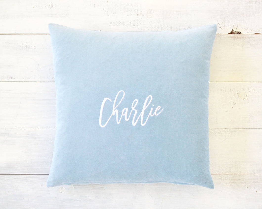 Personalized Embroidered Blue Velvet Pillow Cover
