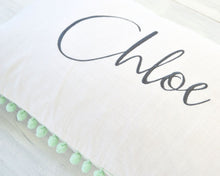 Personalized Embroidered Pillow Cover with Mint Pom Pom Trim